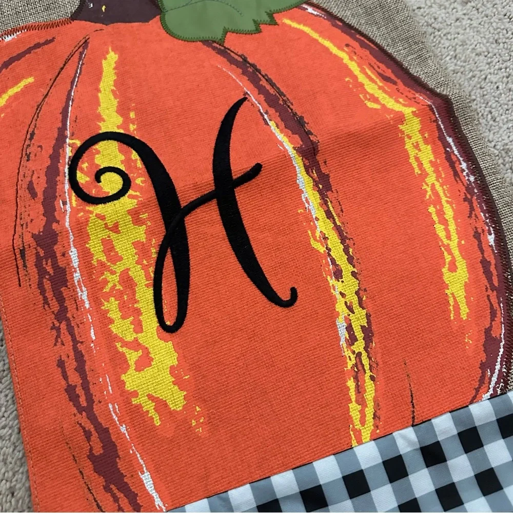 Pumpkin Garden Flag Fall Decor - Buffalo Plaid Burlap Monogram Initial Letter H